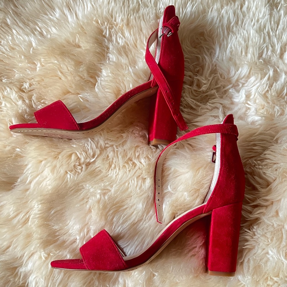 Vince Camuto Red Suede Ankle Strap Block Heel